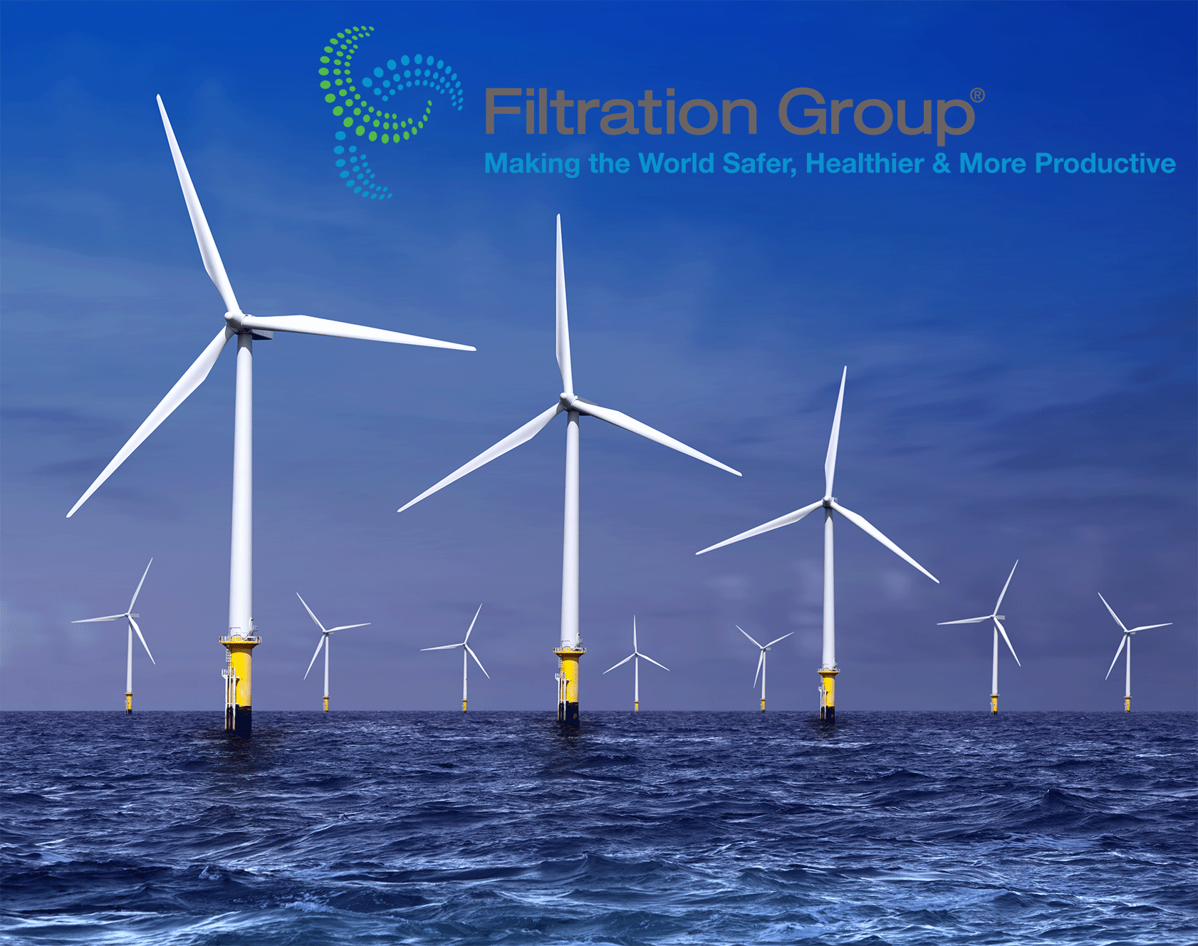 Wind turbines using rugged enclosure filters in the ocean representing Filtration Group's global expansion and environmental impact