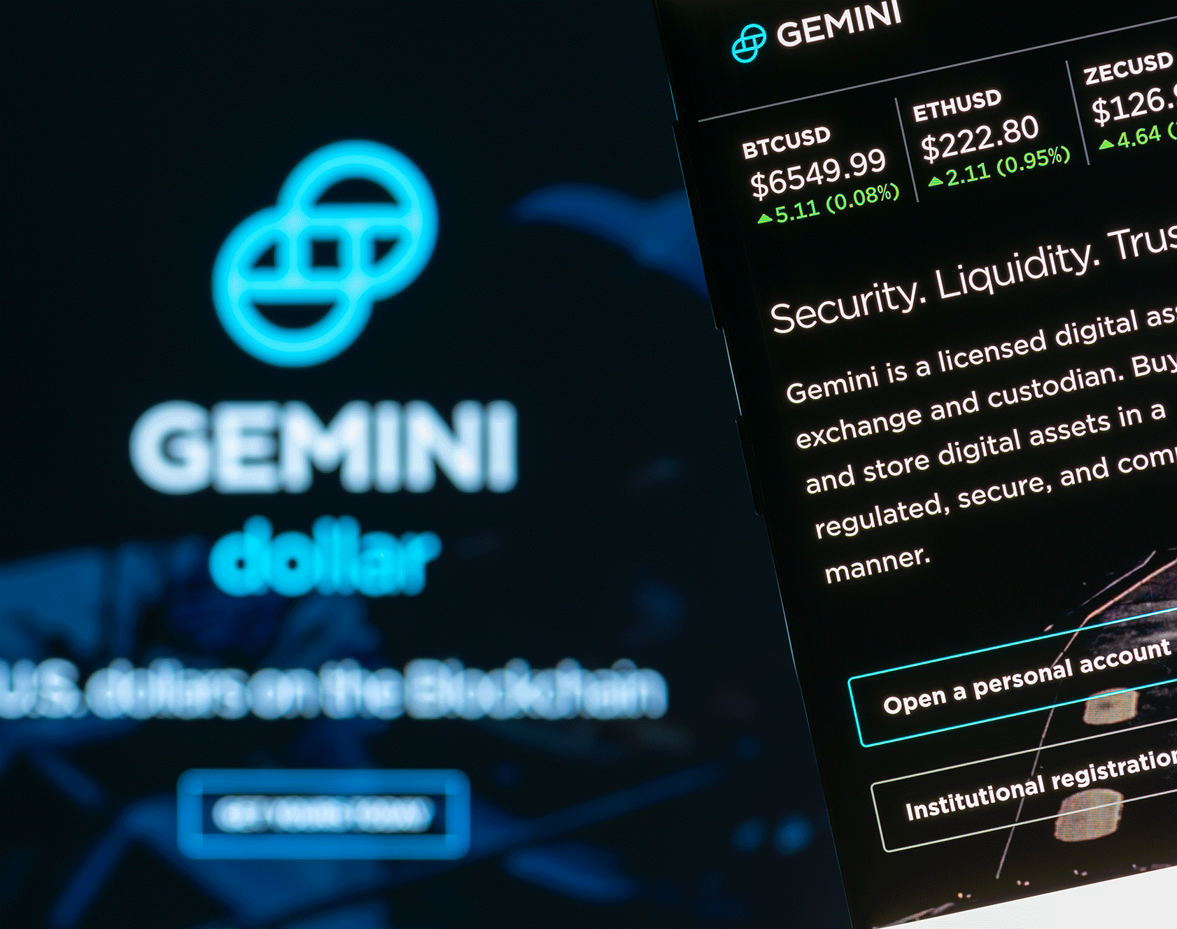 Gemini cryptocurrency platform interface displaying security, liquidity, and trust messaging.