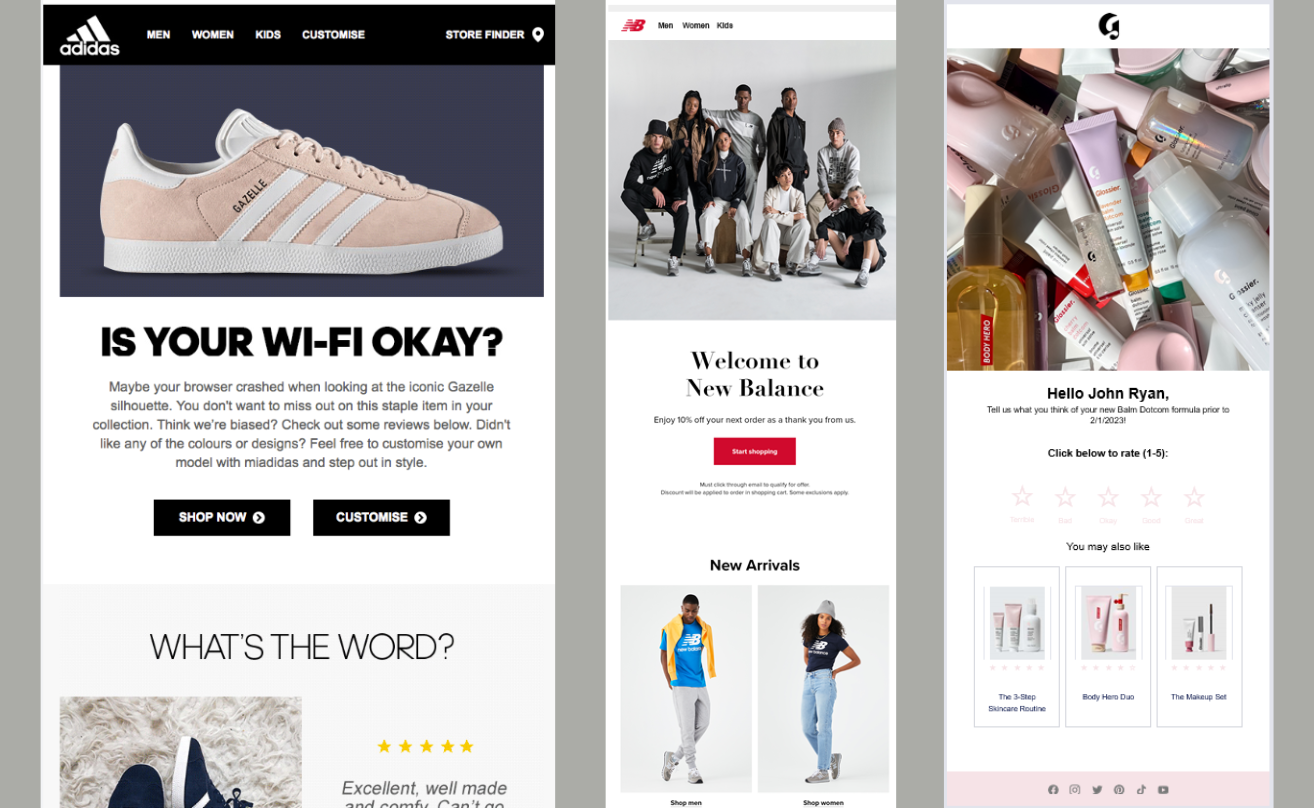 Examples of email flows from Adidas, New Balance, and Glossier showcasing personalized messages and incentives