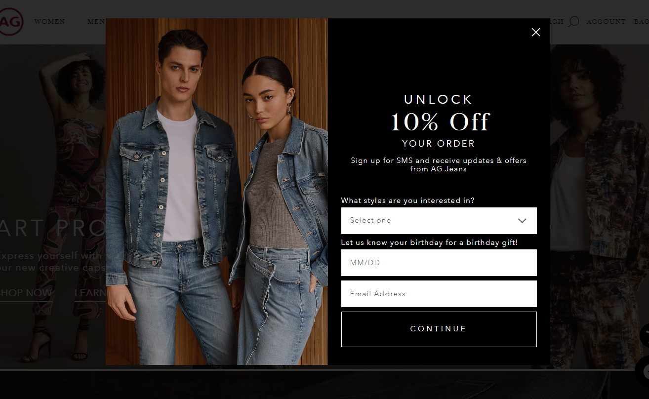 AG Jeans lead generation popup offering 10% off for SMS sign-ups with options for style preference and birthday entry.