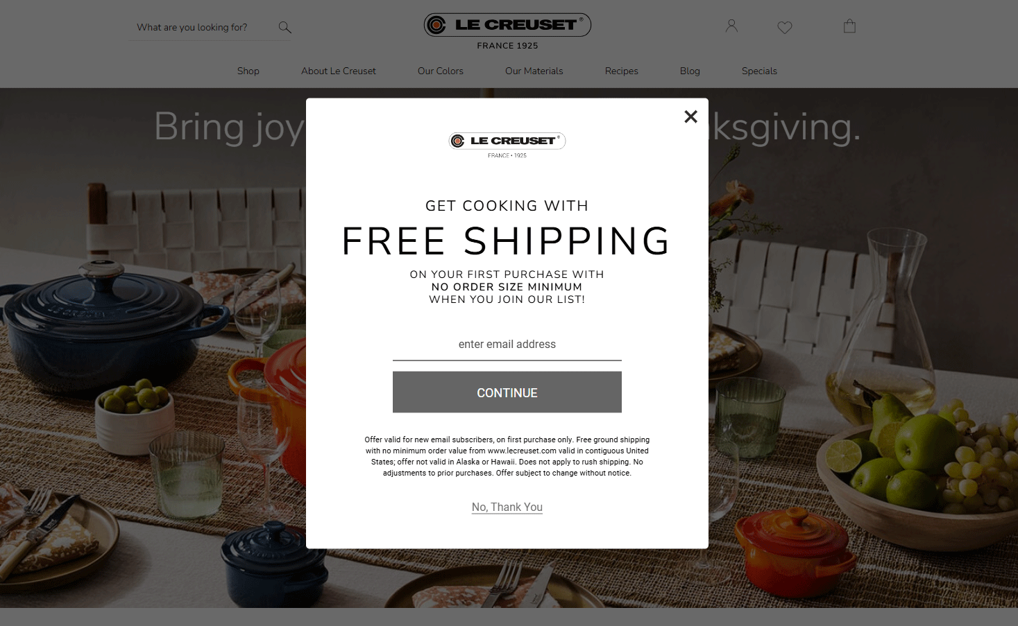 Le Creuset lead generation popup offering free shipping for email sign-ups on the website.