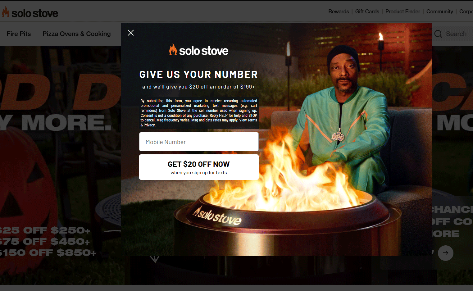 Solo Stove lead generation popup offering $20 off for SMS sign-ups on outdoor fire pit products.