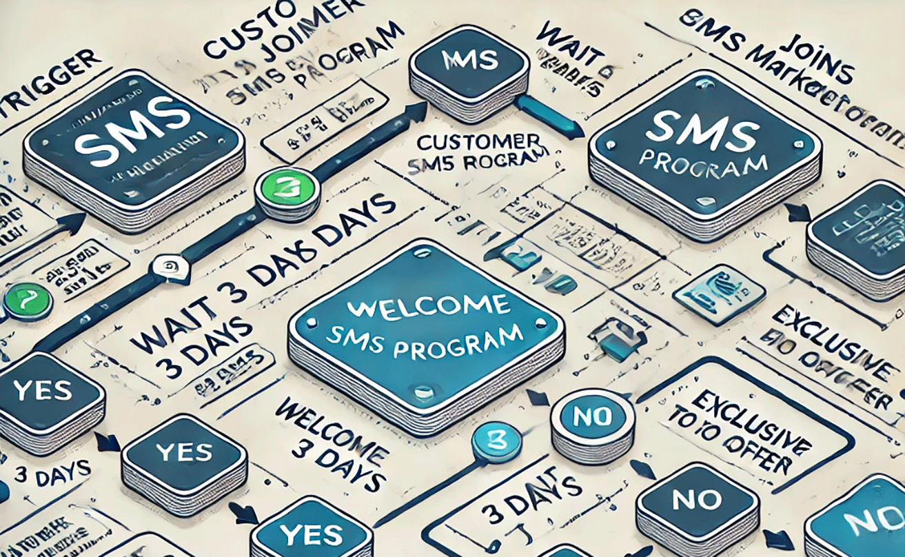 Illustration of an SMS marketing flow with triggers, time delays, and conditional paths for a VIP program.